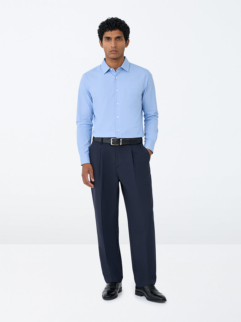 WES Formals Navy Pleated Relaxed-Fit Trousers
