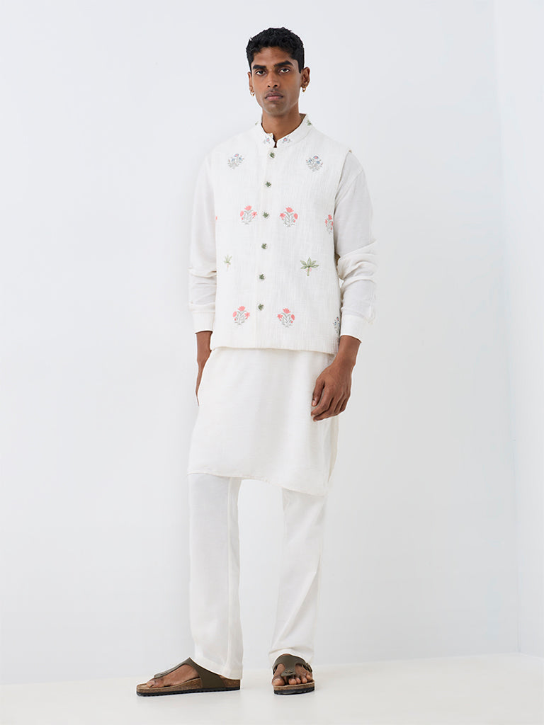 Westside by Kala by ETA Off-White Floral Embroidered Relaxed-Fit Nehru Jacket