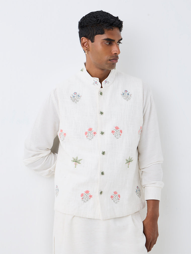 Westside by Kala by ETA Off-White Floral Embroidered Relaxed-Fit Nehru Jacket