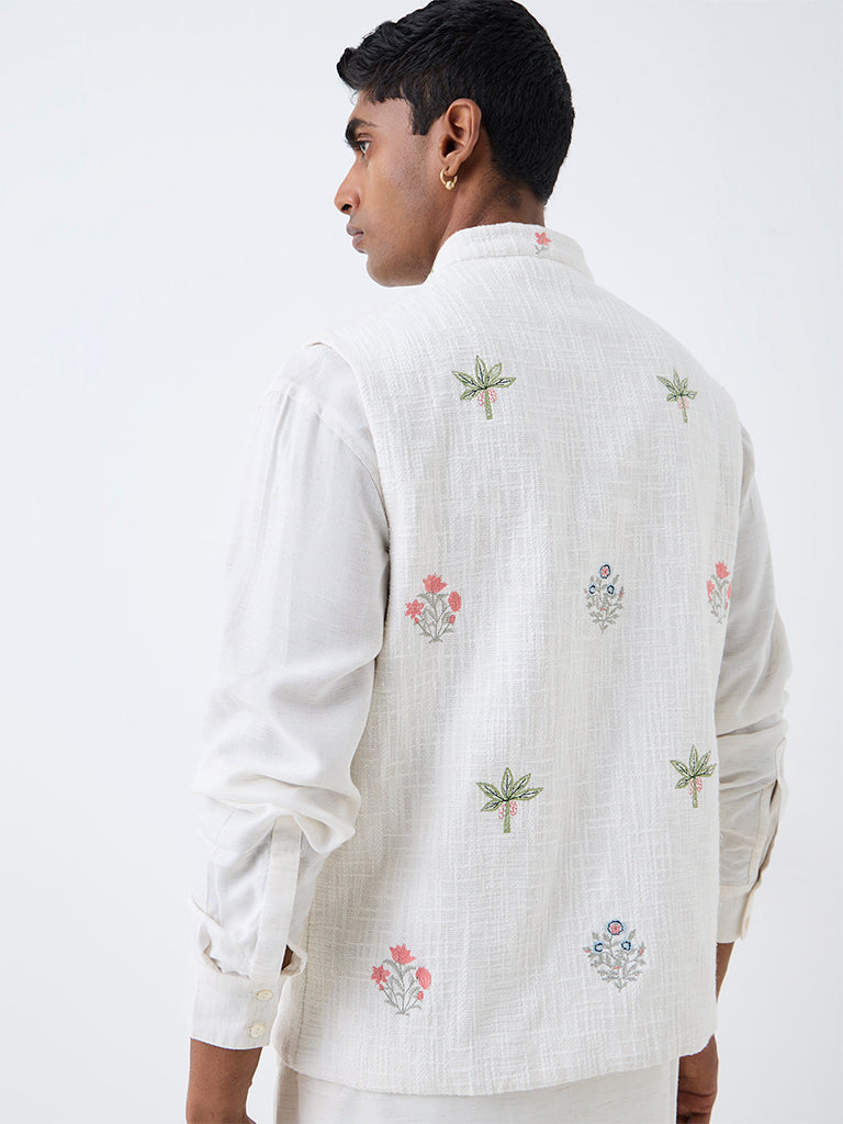 Westside by Kala by ETA Off-White Floral Embroidered Relaxed-Fit Nehru Jacket
