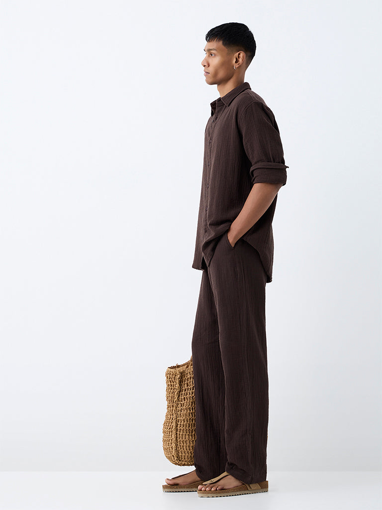 ETA Dark Brown Textured Relaxed-Fit Mid-Rise Cotton Chinos