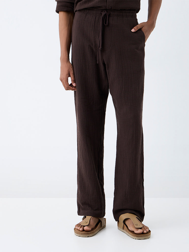 ETA Dark Brown Textured Relaxed-Fit Mid-Rise Cotton Chinos