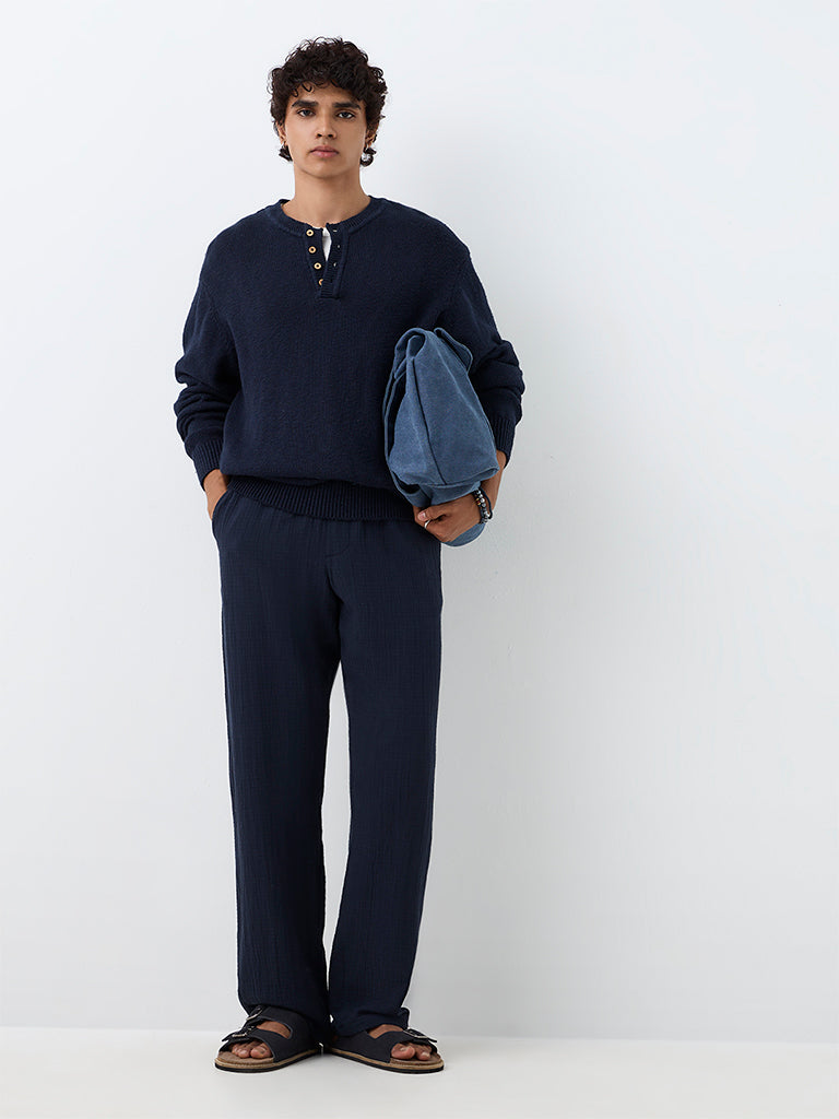 ETA Indigo Crinkle-Textured Relaxed-Fit Mid-Rise Cotton Chinos