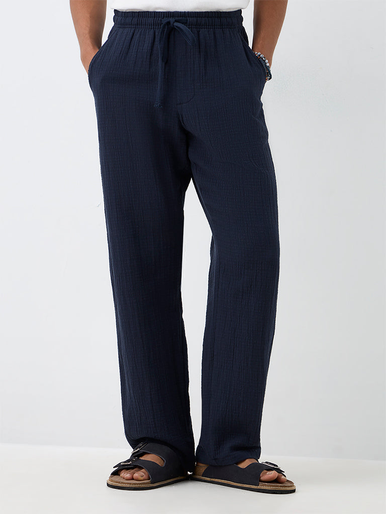 ETA Indigo Crinkle-Textured Relaxed-Fit Mid-Rise Cotton Chinos