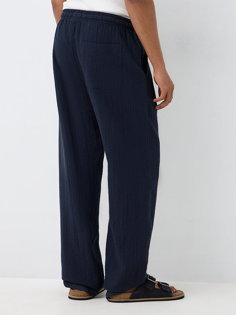ETA Indigo Crinkle-Textured Relaxed-Fit Mid-Rise Cotton Chinos
