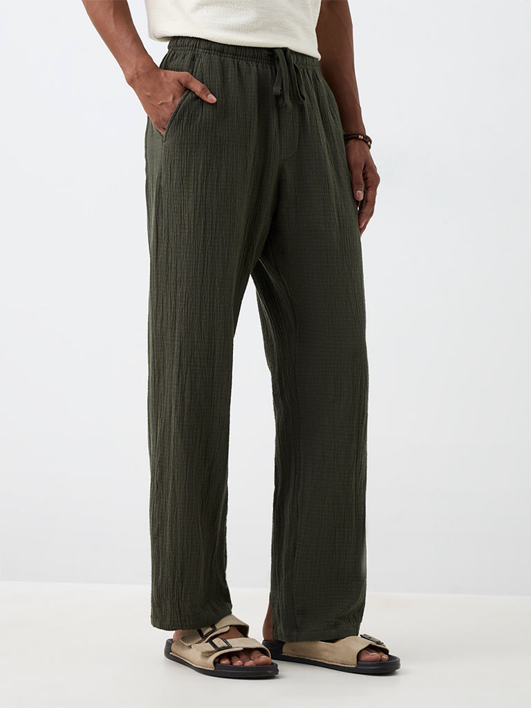 ETA Olive Crinkle-Textured Relaxed-Fit Mid-Rise Chinos