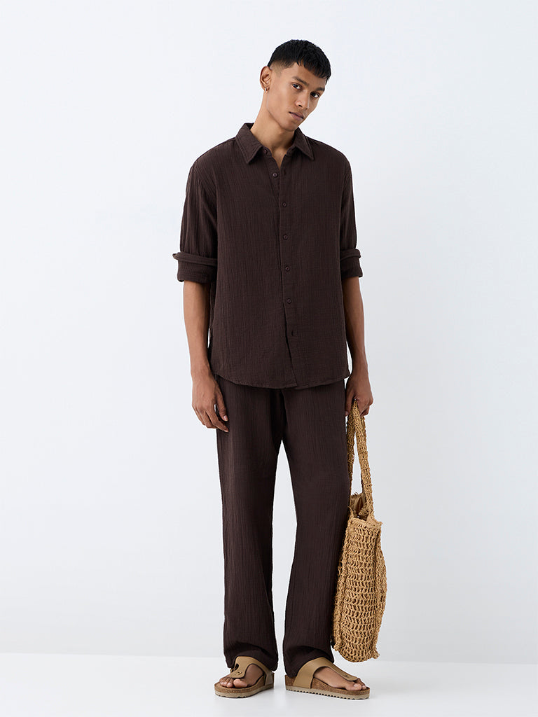 ETA Dark Brown Crinkle-Textured Relaxed-Fit Cotton Shirt