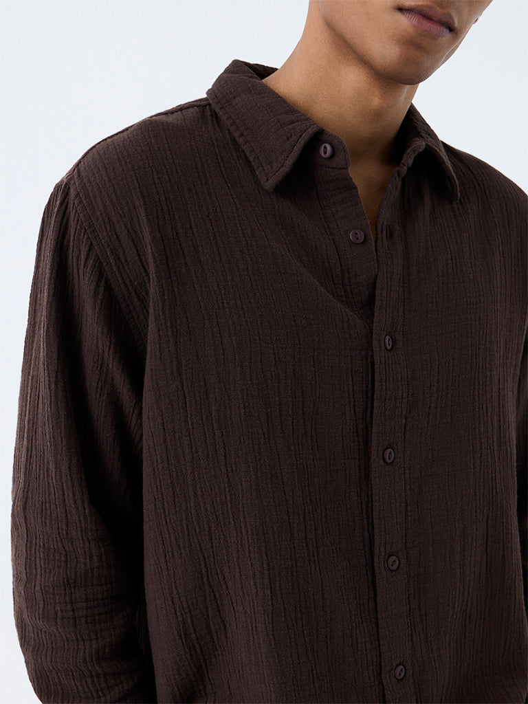 ETA Dark Brown Crinkle-Textured Relaxed-Fit Cotton Shirt