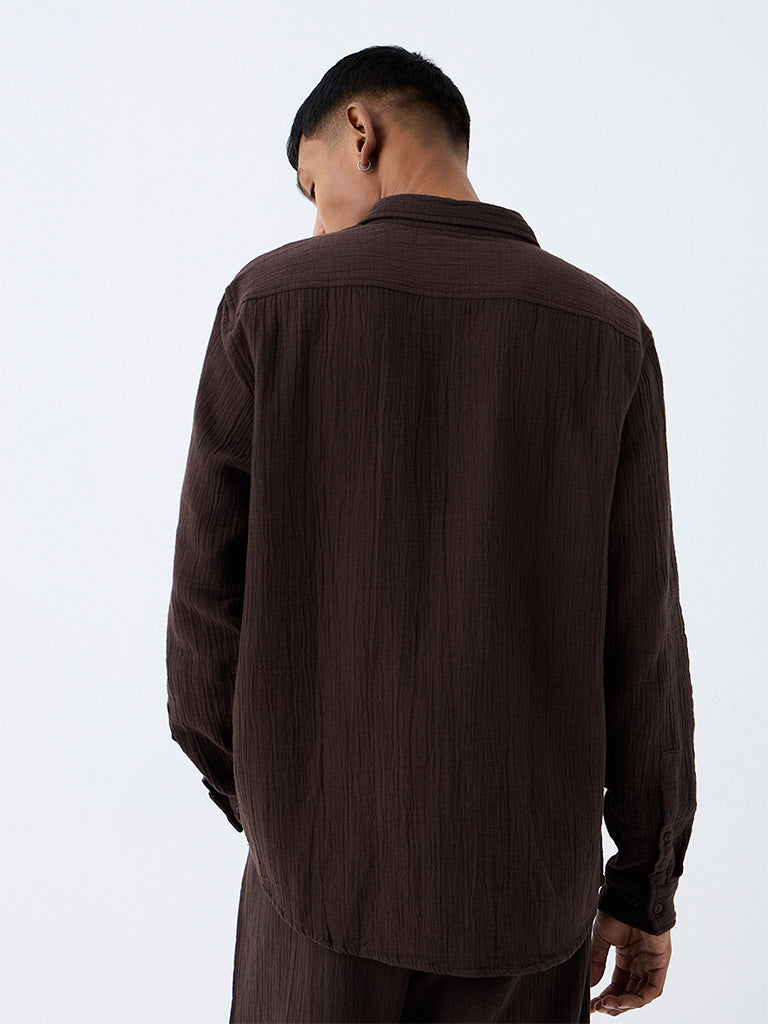 ETA Dark Brown Crinkle-Textured Relaxed-Fit Cotton Shirt