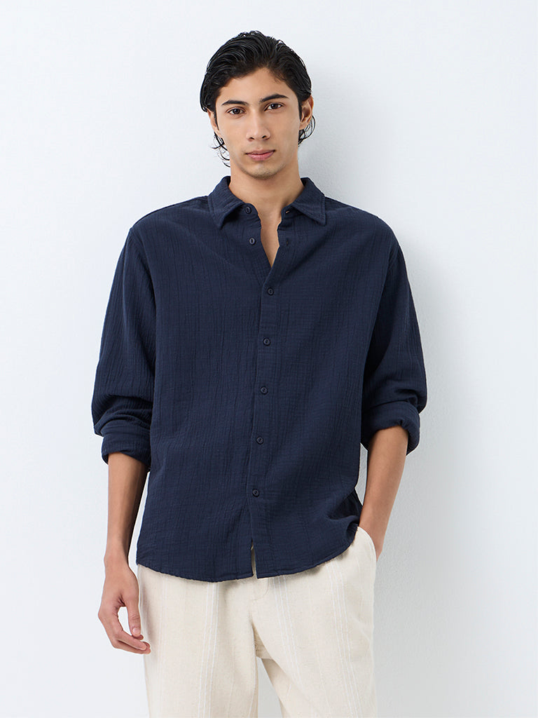 ETA Navy Crinkle-Textured Relaxed-Fit Cotton Shirt