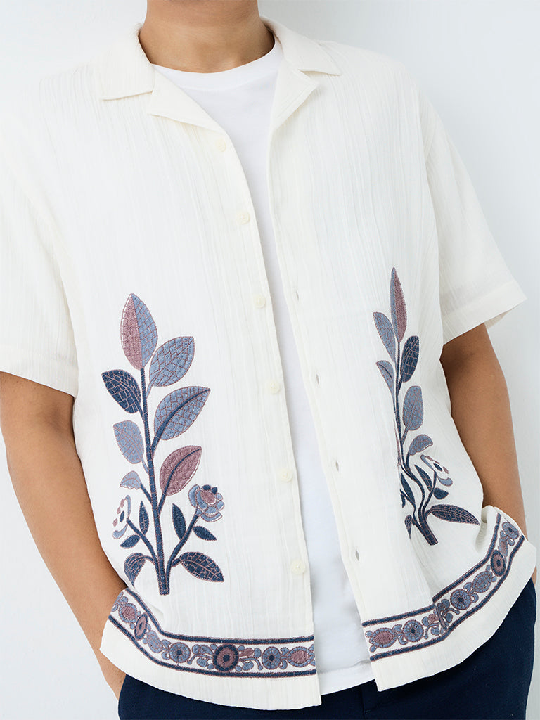 ETA Off-White Botanical Embroidered Relaxed-Fit Cotton Shirt