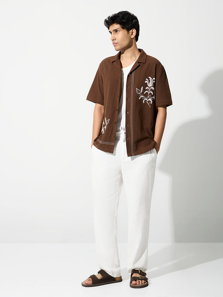 ETA Dark Brown Floral Embroidered Relaxed-Fit Cotton Shirt