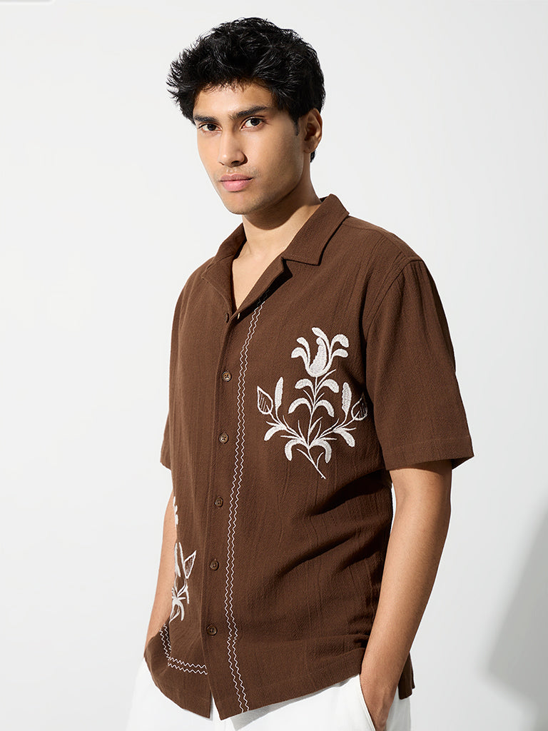 ETA Dark Brown Floral Embroidered Relaxed-Fit Cotton Shirt