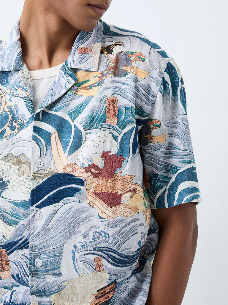 ETA Blue Scenic-Inspired Relaxed-Fit Cotton-Blend Shirt