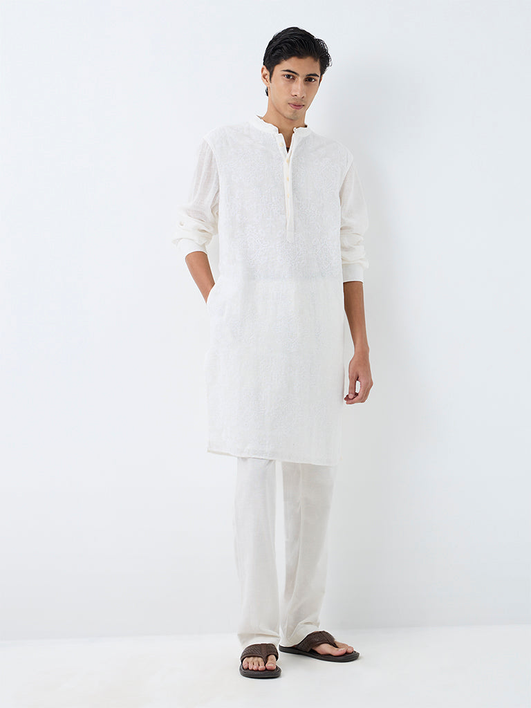 Kala by ETA White Embroidered Relaxed-Fit Cotton Kurta