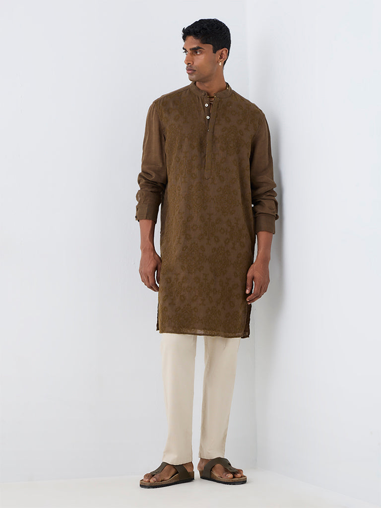 Kala by ETA Dark Taupe Embroidered Relaxed-Fit Linen Kurta
