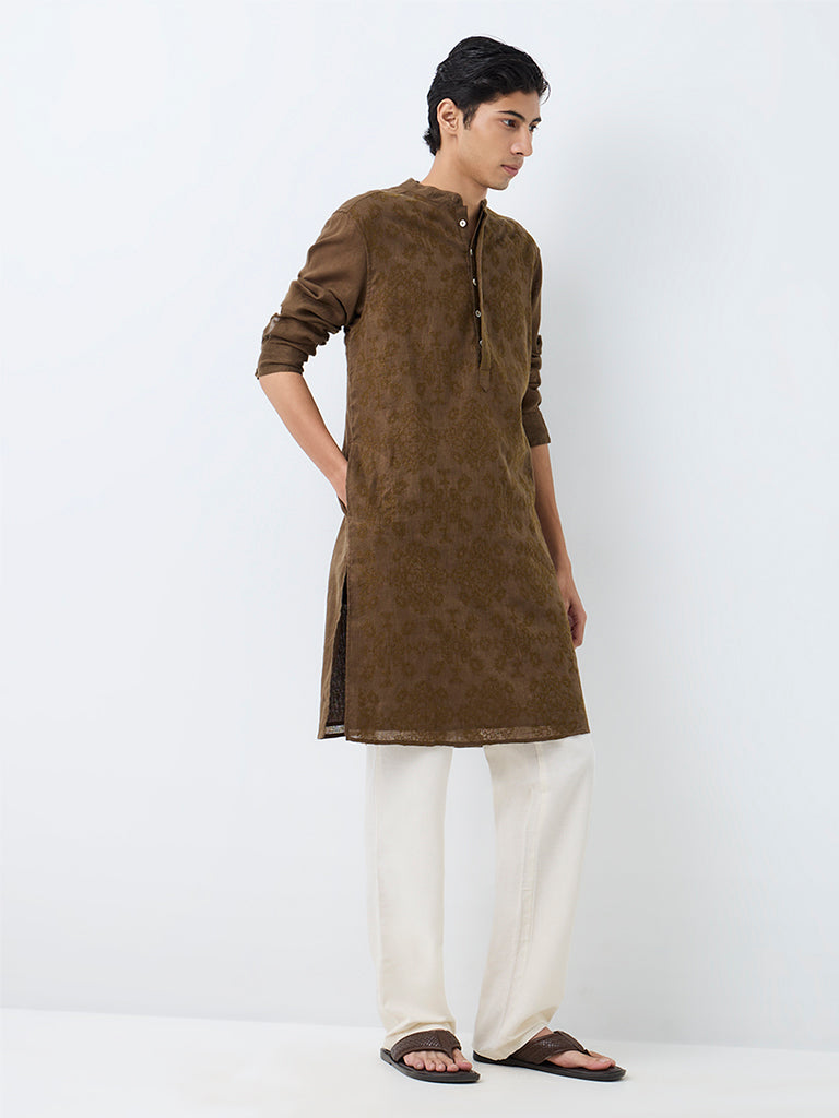 Kala by ETA Dark Taupe Embroidered Relaxed-Fit Linen Kurta