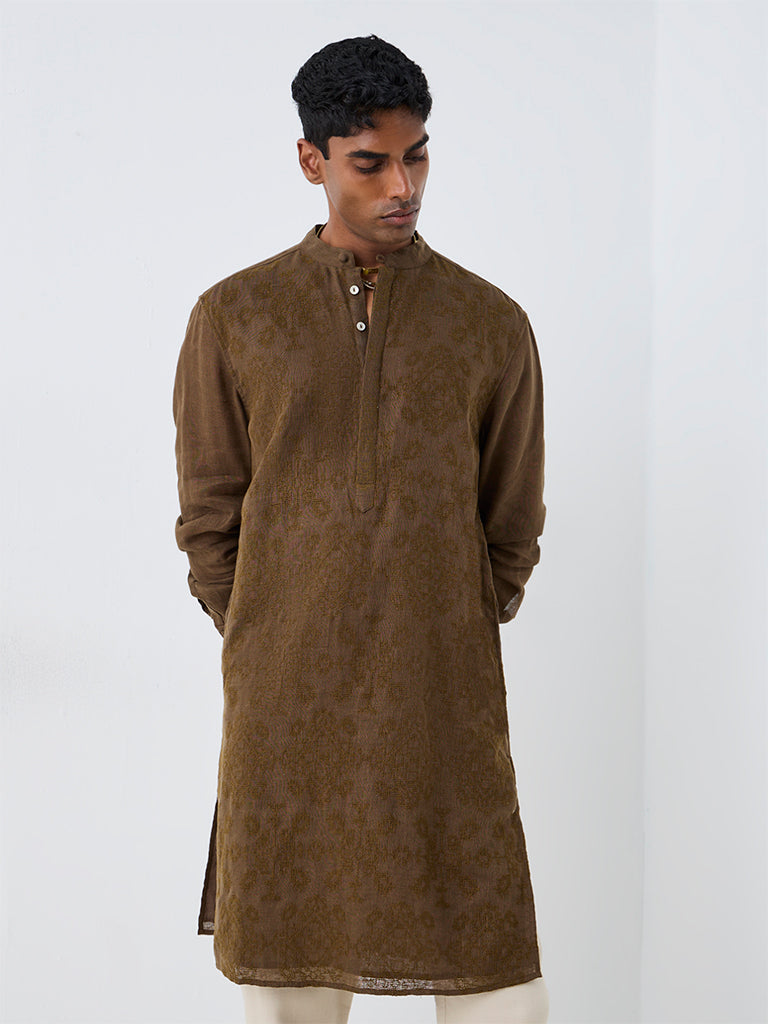 Kala by ETA Dark Taupe Embroidered Relaxed-Fit Linen Kurta