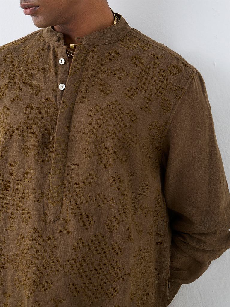 Kala by ETA Dark Taupe Embroidered Relaxed-Fit Linen Kurta