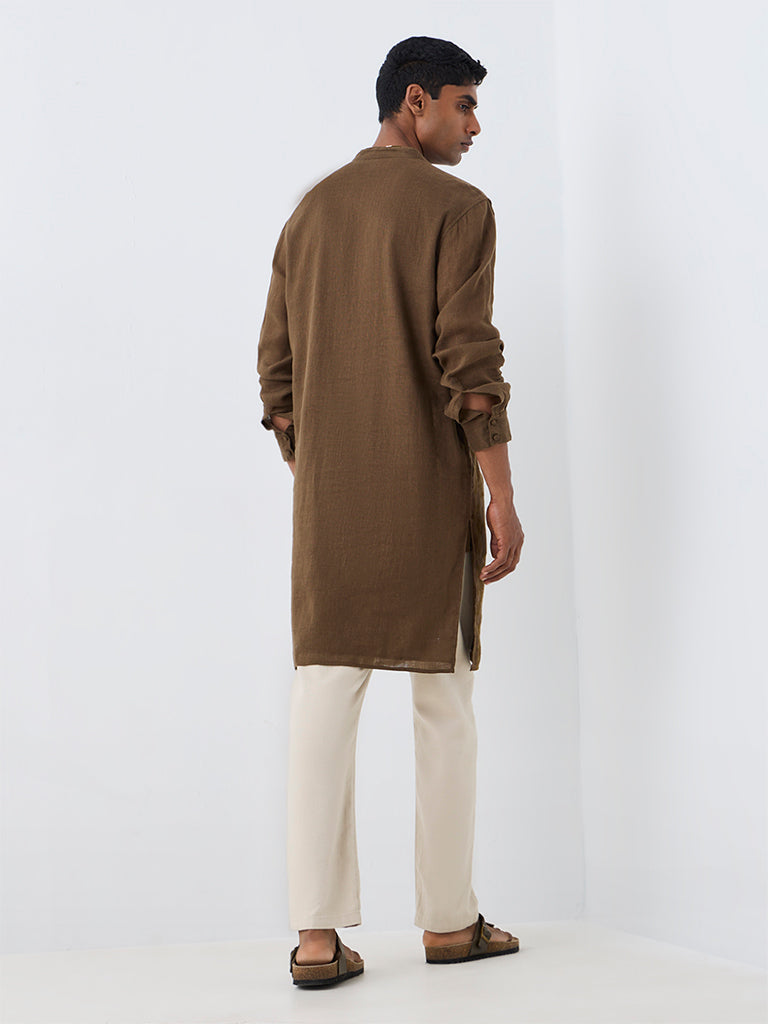Kala by ETA Dark Taupe Embroidered Relaxed-Fit Linen Kurta