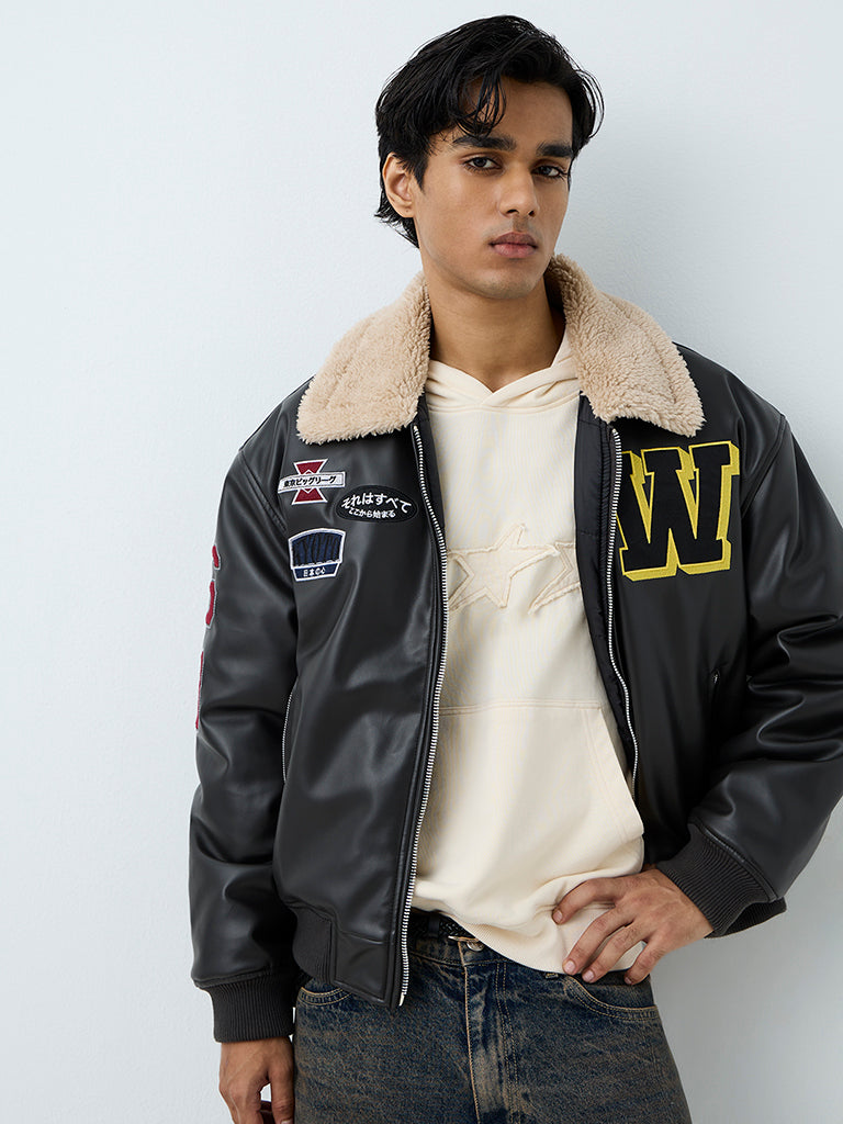 Nuon Black Fur-Collar Relaxed-Fit Faux Leather Jacket
