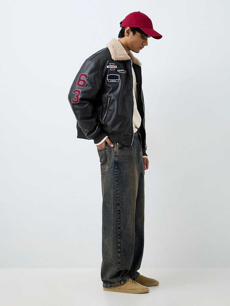 Nuon Black Fur-Collar Relaxed-Fit Faux Leather Jacket