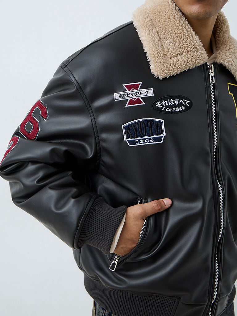 Nuon Black Fur-Collar Relaxed-Fit Faux Leather Jacket