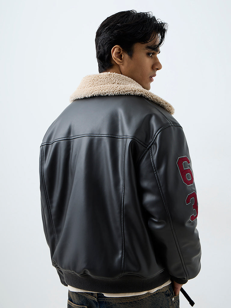Nuon Black Fur-Collar Relaxed-Fit Faux Leather Jacket