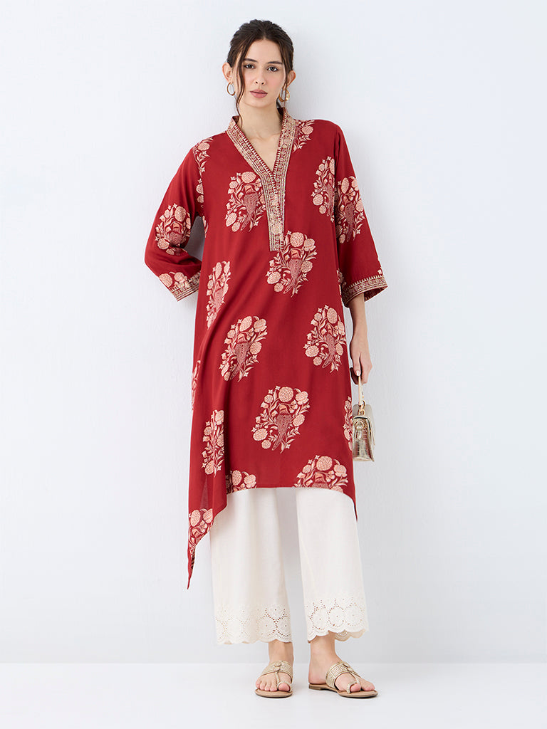 Utsa Red Floral Printed Asymmetrical A-Line Kurta