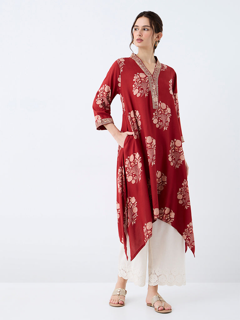 Utsa Red Floral Printed Asymmetrical A-Line Kurta