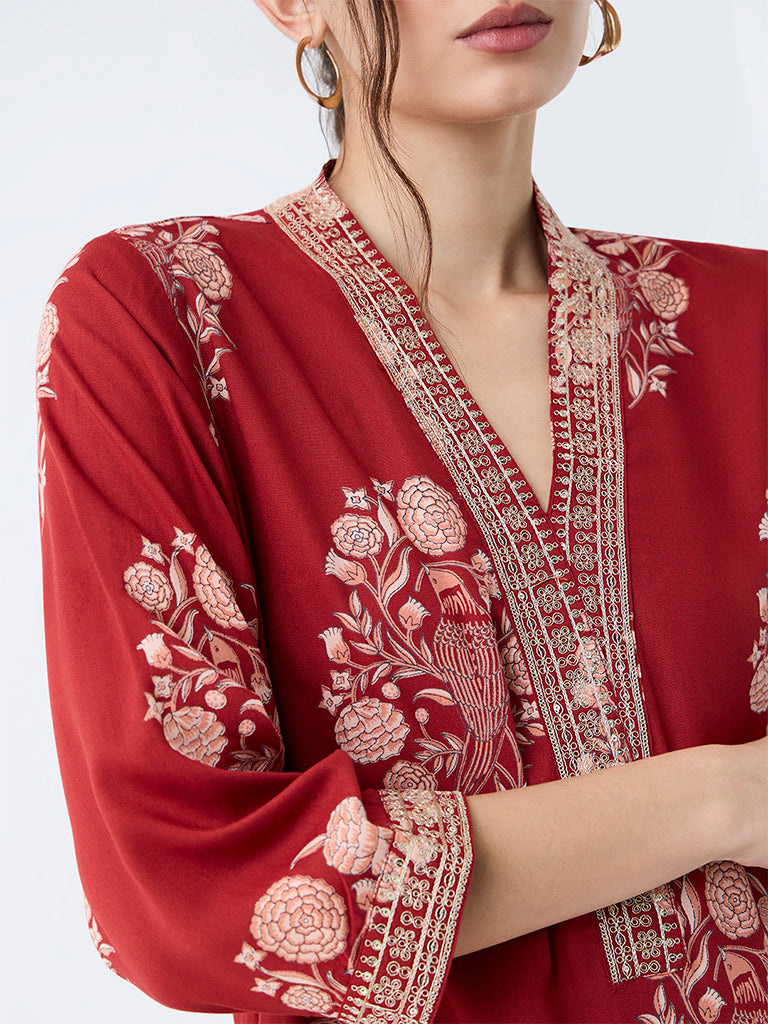 Utsa Red Floral Printed Asymmetrical A-Line Kurta