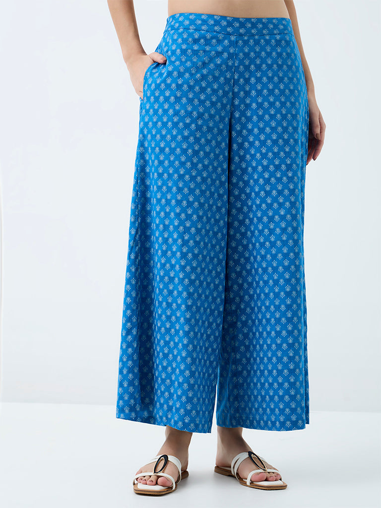 Utsa Blue Floral Printed Cotton-Blend Pants