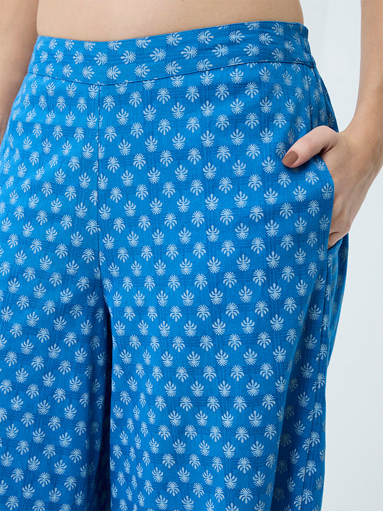 Utsa Blue Floral Printed Cotton-Blend Pants