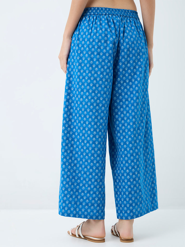 Utsa Blue Floral Printed Cotton-Blend Pants