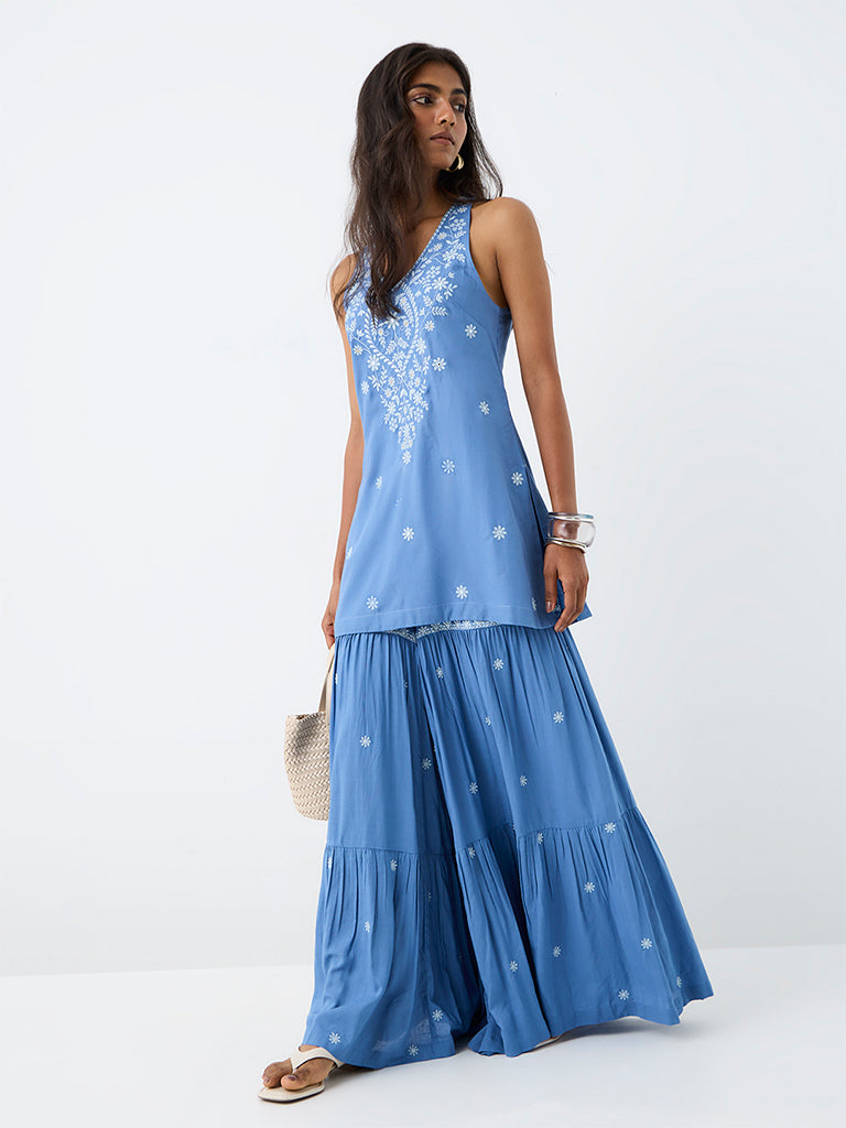 Utsa Blue Floral Embroidered Cotton Sharara