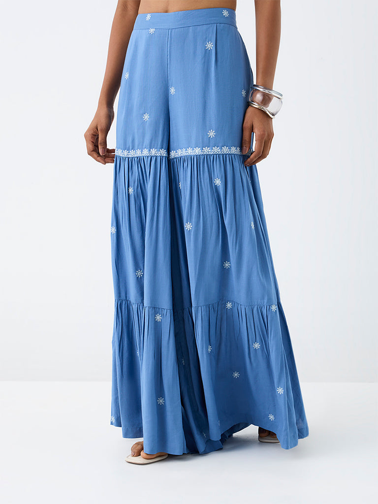 Utsa Blue Floral Embroidered Cotton Sharara