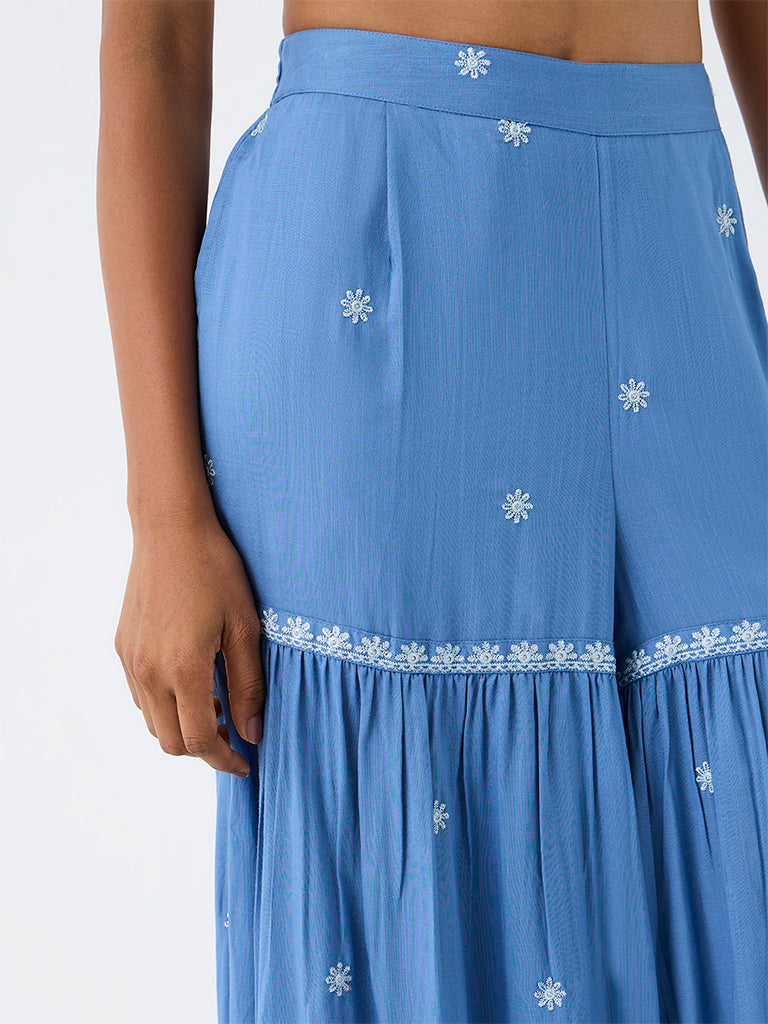 Utsa Blue Floral Embroidered Cotton Sharara