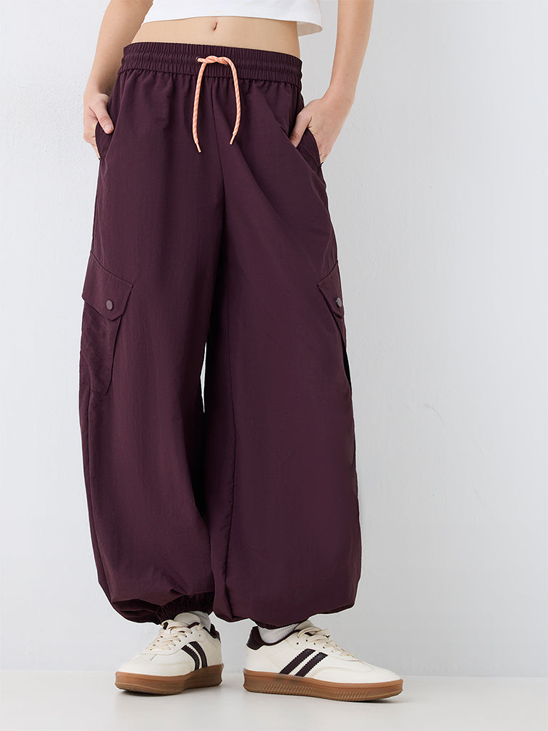 Nuoflexx Dark Plum Solid High-Rise Parachute Pants