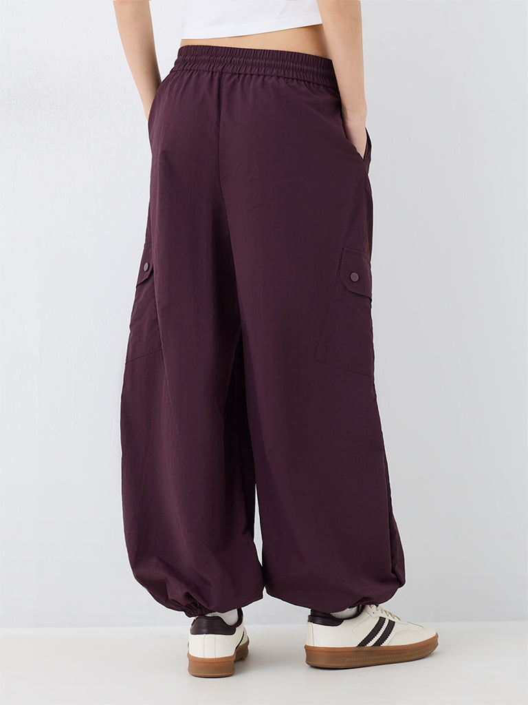 Nuoflexx Dark Plum Solid High-Rise Parachute Pants