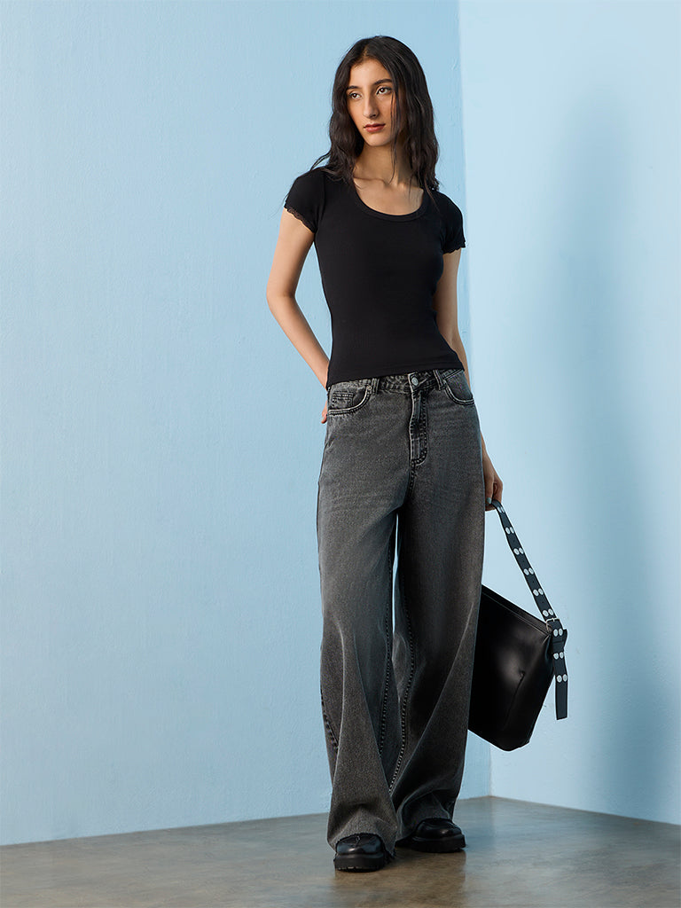 Nuon Black Ribbed Cotton Top