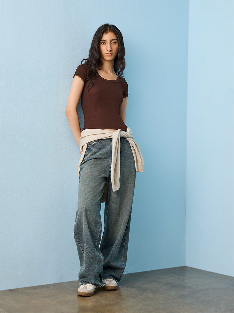 Nuon Brown Ribbed Cotton Top