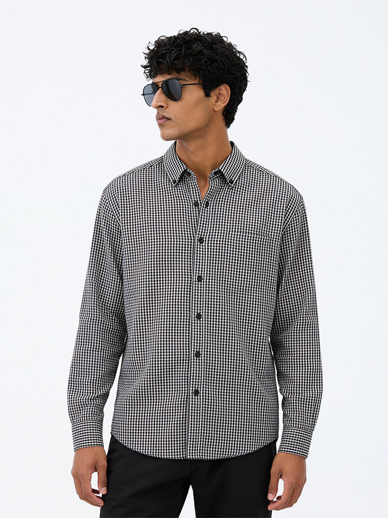 WES Casuals Dark Brown Checkered Relaxed-Fit Cotton-Blend Shirt