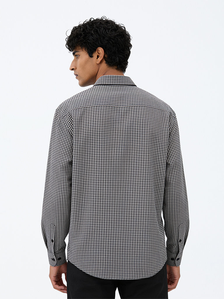 WES Casuals Dark Brown Checkered Relaxed-Fit Cotton-Blend Shirt