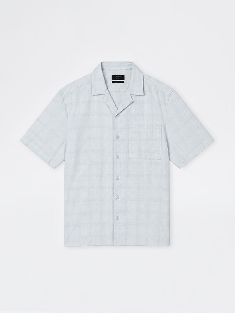 WES Casuals Light Blue Checks Pattern Relaxed-Fit Cotton Shirt