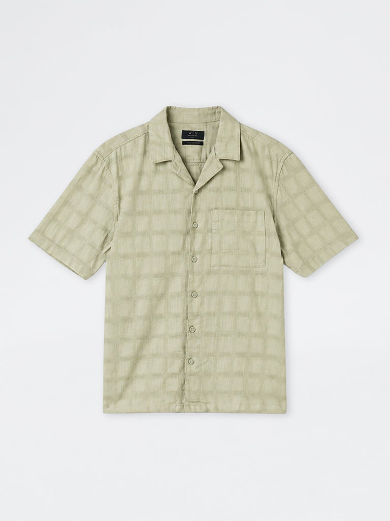 WES Casuals Sage Self-Checkered Relaxed-Fit Cotton Shirt