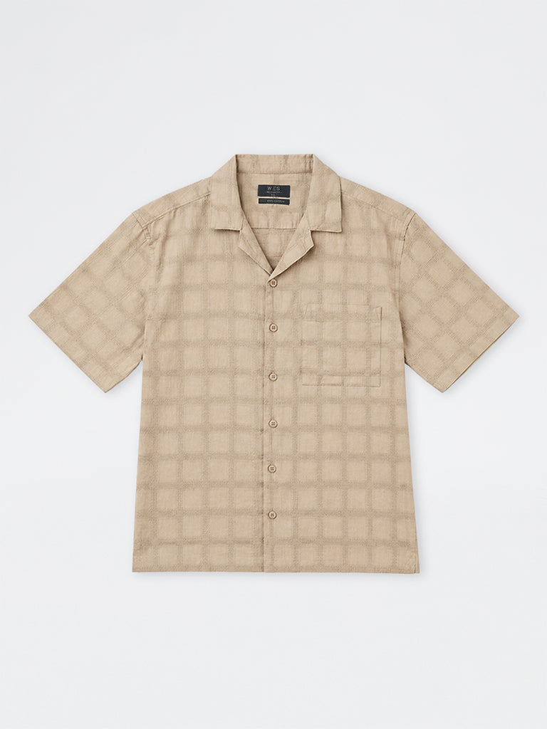 WES Casuals Taupe Checks Embroidered Relaxed-Fit Cotton Shirt