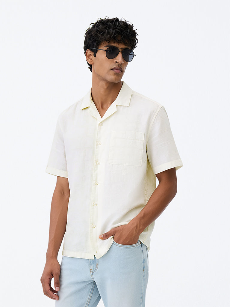 WES Casuals Off-White Checks Embroidered Relaxed-Fit Cotton Shirt