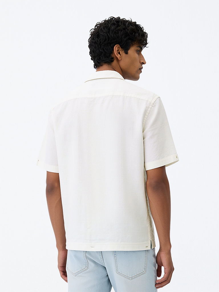 WES Casuals Off-White Checks Embroidered Relaxed-Fit Cotton Shirt