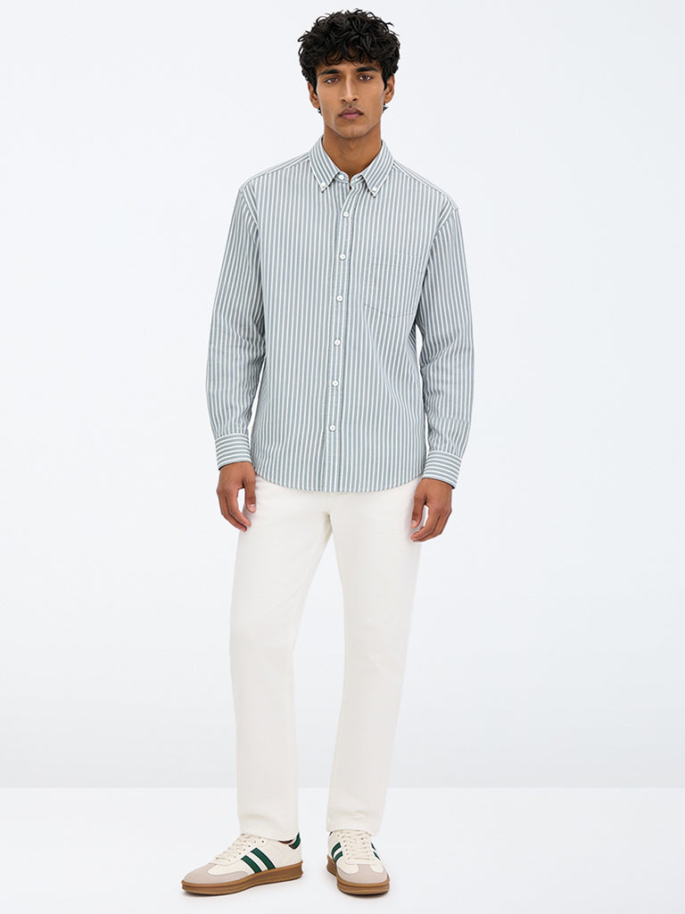 WES Casuals Sage Striped Relaxed-Fit Cotton Shirt