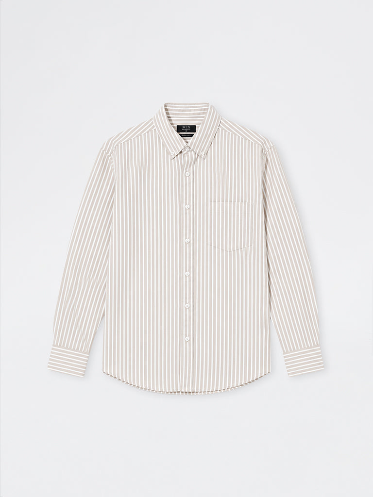WES Casuals Beige Striped Relaxed-Fit Cotton Shirt